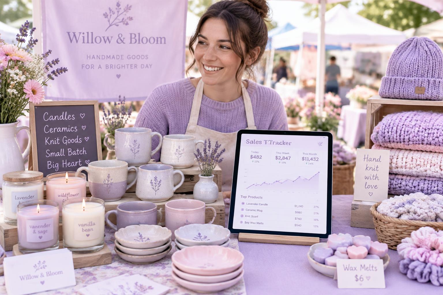 A vendor at a craft market stall with a sales tracker open on a tablet